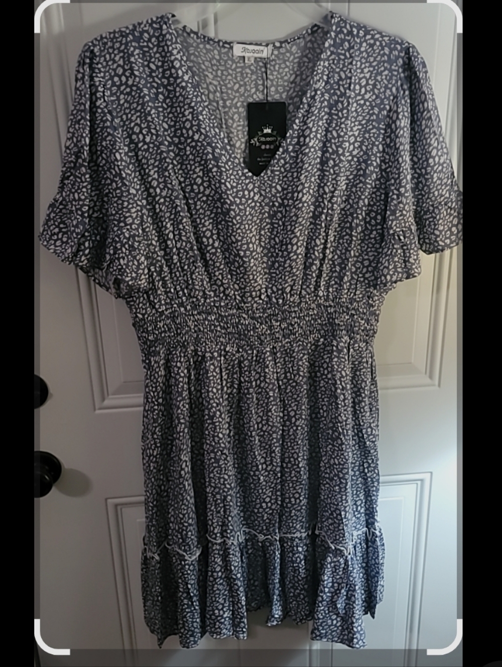 Smocked Waist Navy Printed V-Neck Mini Dress